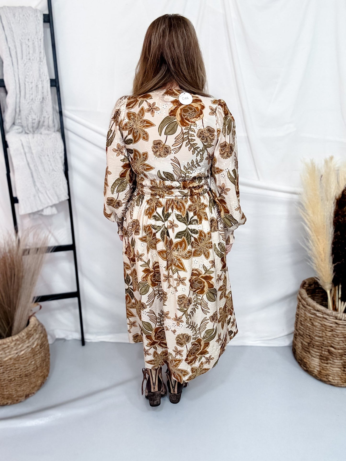 Long Sleeve Floral Printed Midi Dress - Whiskey Skies - ODDI