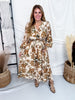 Long Sleeve Floral Printed Midi Dress - Whiskey Skies - ODDI