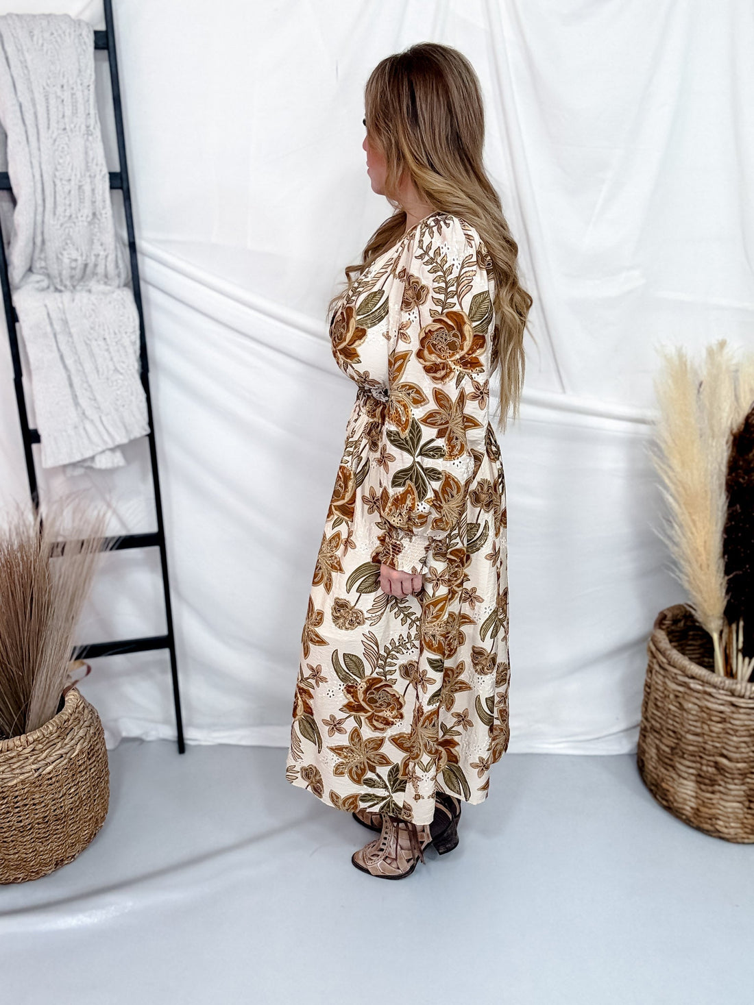 Long Sleeve Floral Printed Midi Dress - Whiskey Skies - ODDI