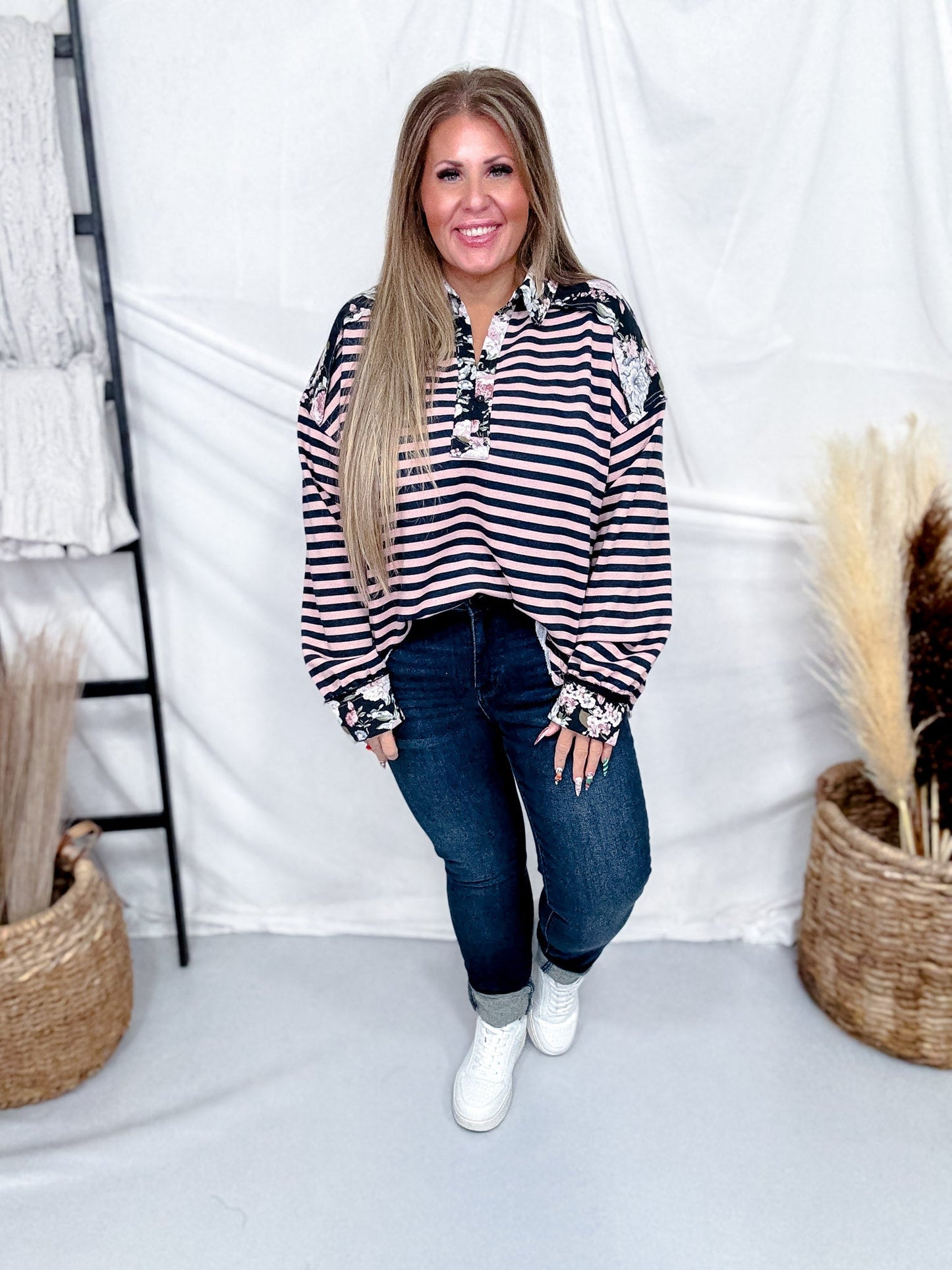 Long Sleeve French Terry Stripped & Henley Top W/ Floral Accents - Whiskey Skies - DAVI & DANI