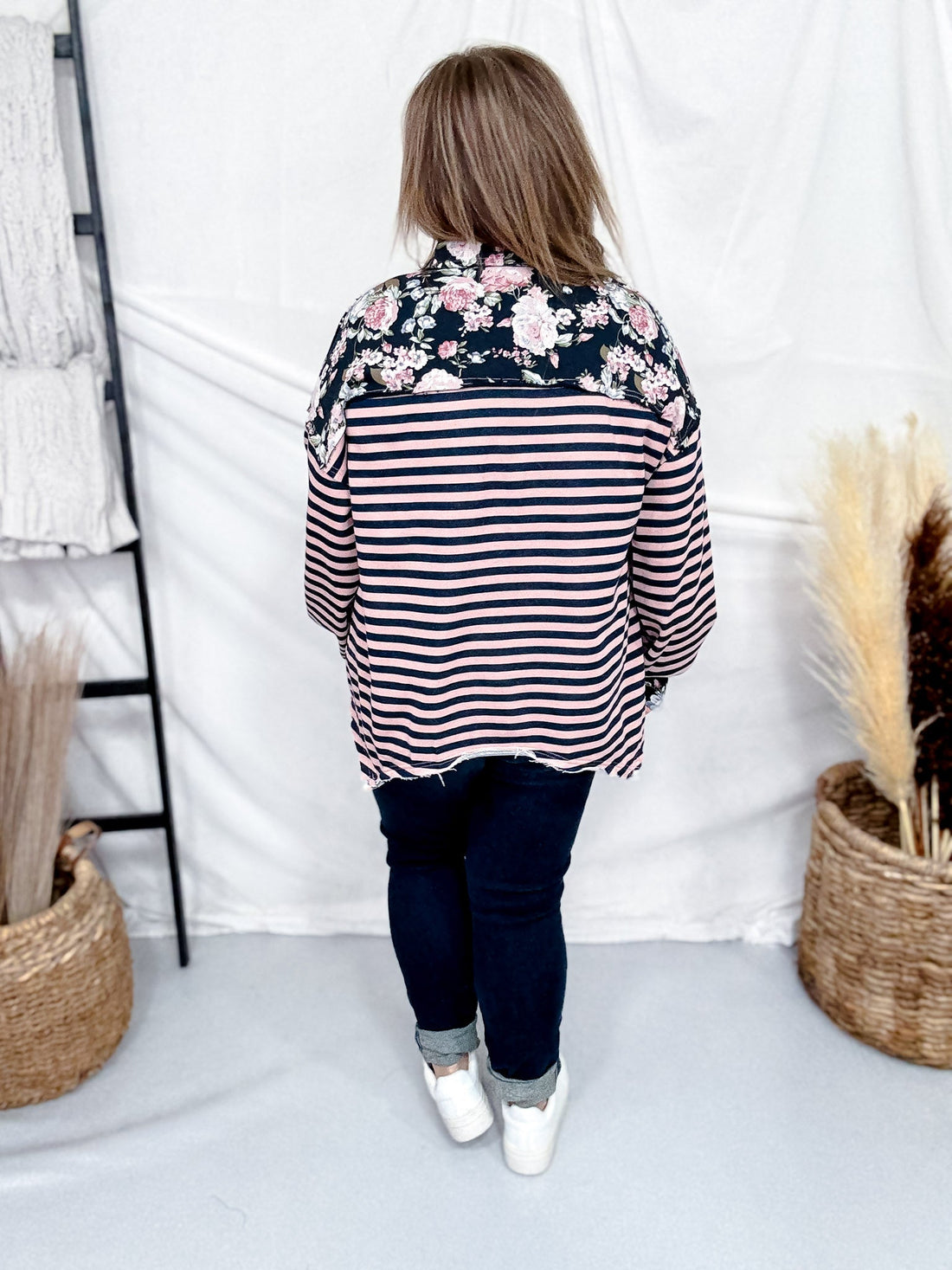 Long Sleeve French Terry Stripped & Henley Top W/ Floral Accents - Whiskey Skies - DAVI & DANI
