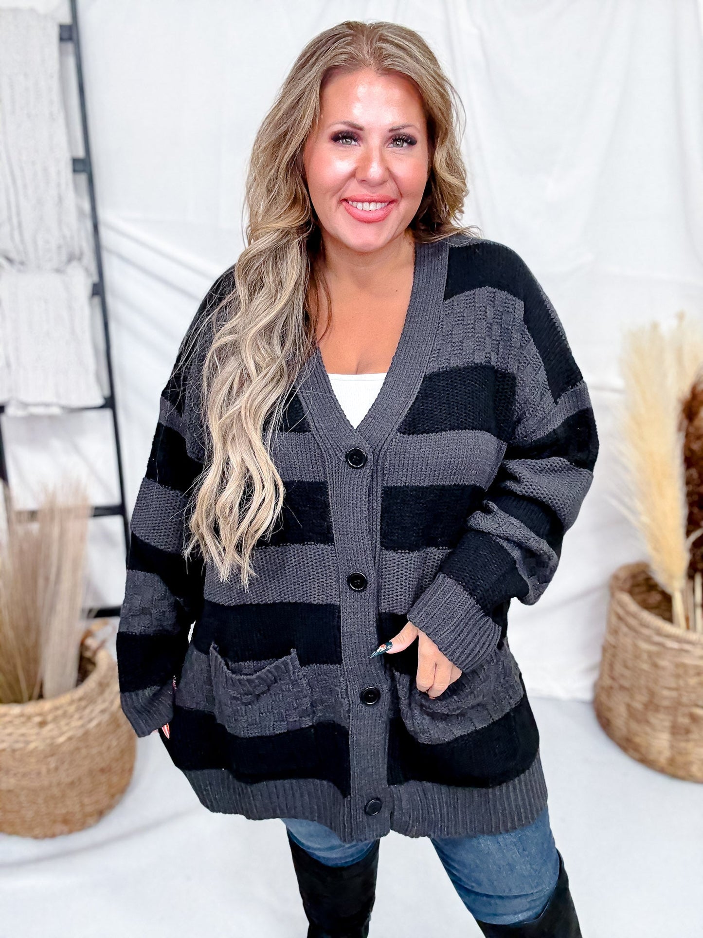 Long Sleeve Knit Black & Charcoal Button Down Cardigan - Whiskey Skies - DAVI & DANI