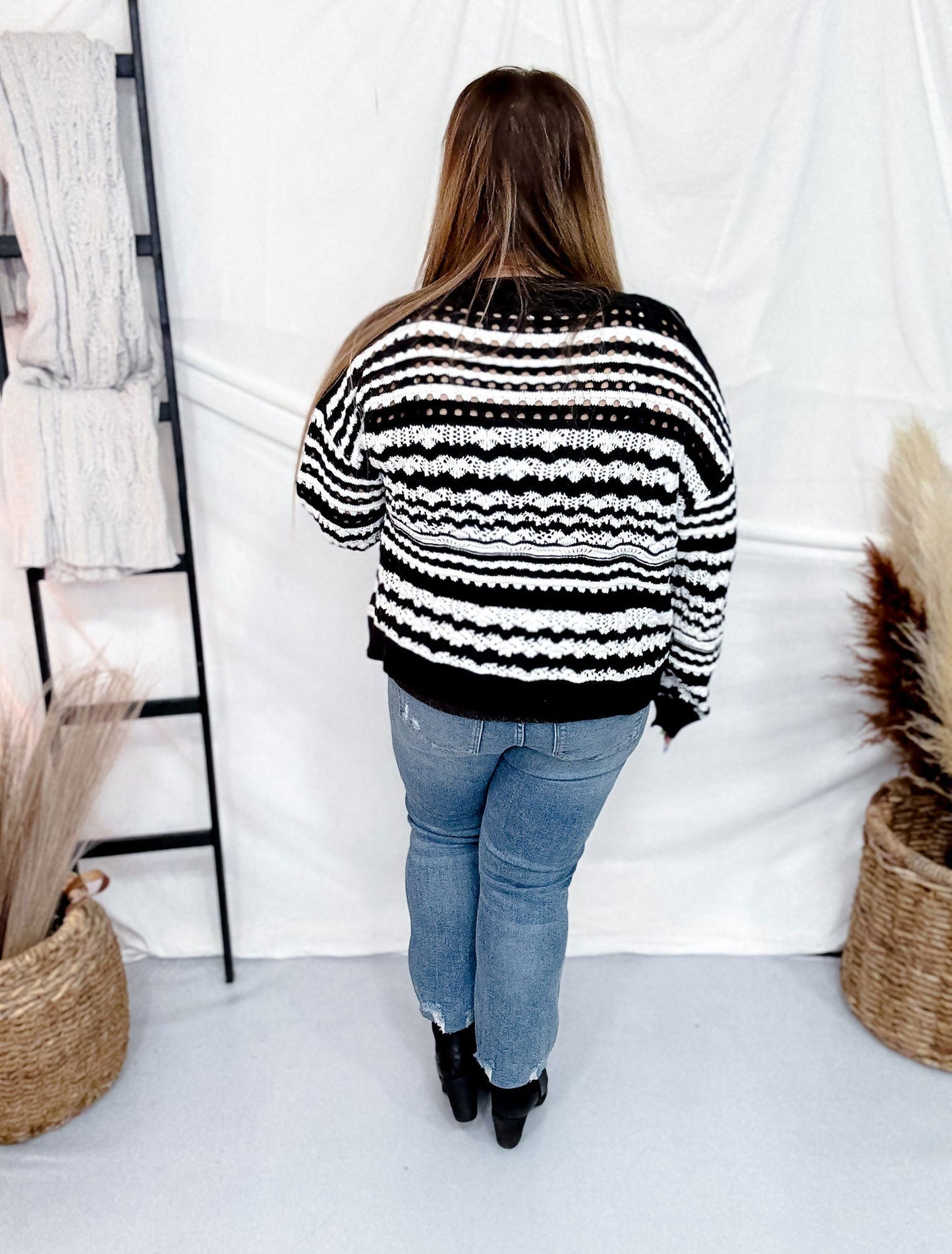 Long Sleeve Knit Black & White Cardigan W/ Button Down Front - Whiskey Skies - WHITE BIRCH