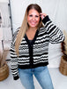 Long Sleeve Knit Black & White Cardigan W/ Button Down Front - Whiskey Skies - WHITE BIRCH