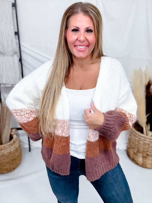 Long Sleeve Knit Colorblock Cardigan In Brown & White - Whiskey Skies - POLAGRAM + BAEVELY