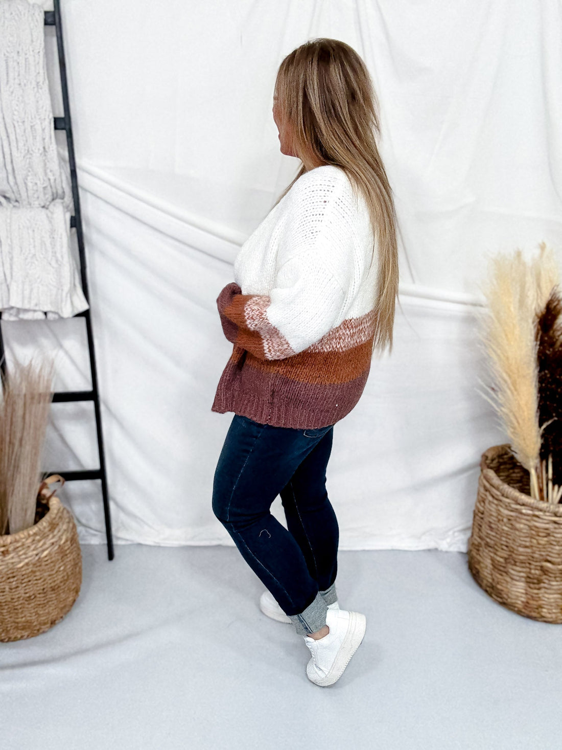 Long Sleeve Knit Colorblock Cardigan In Brown & White - Whiskey Skies - POLAGRAM + BAEVELY