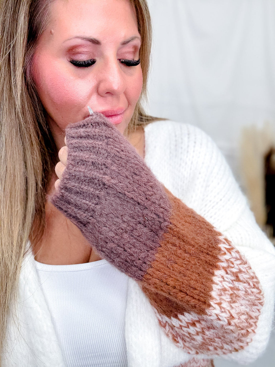 Long Sleeve Knit Colorblock Cardigan In Brown & White - Whiskey Skies - POLAGRAM + BAEVELY