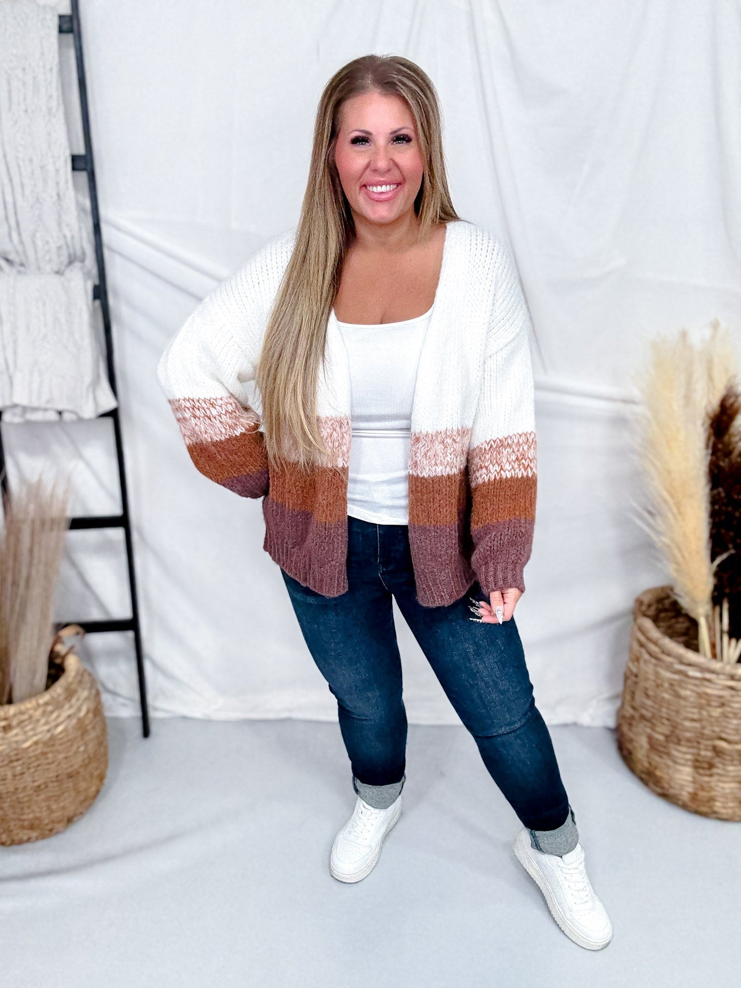 Long Sleeve Knit Colorblock Cardigan In Brown & White - Whiskey Skies - POLAGRAM + BAEVELY