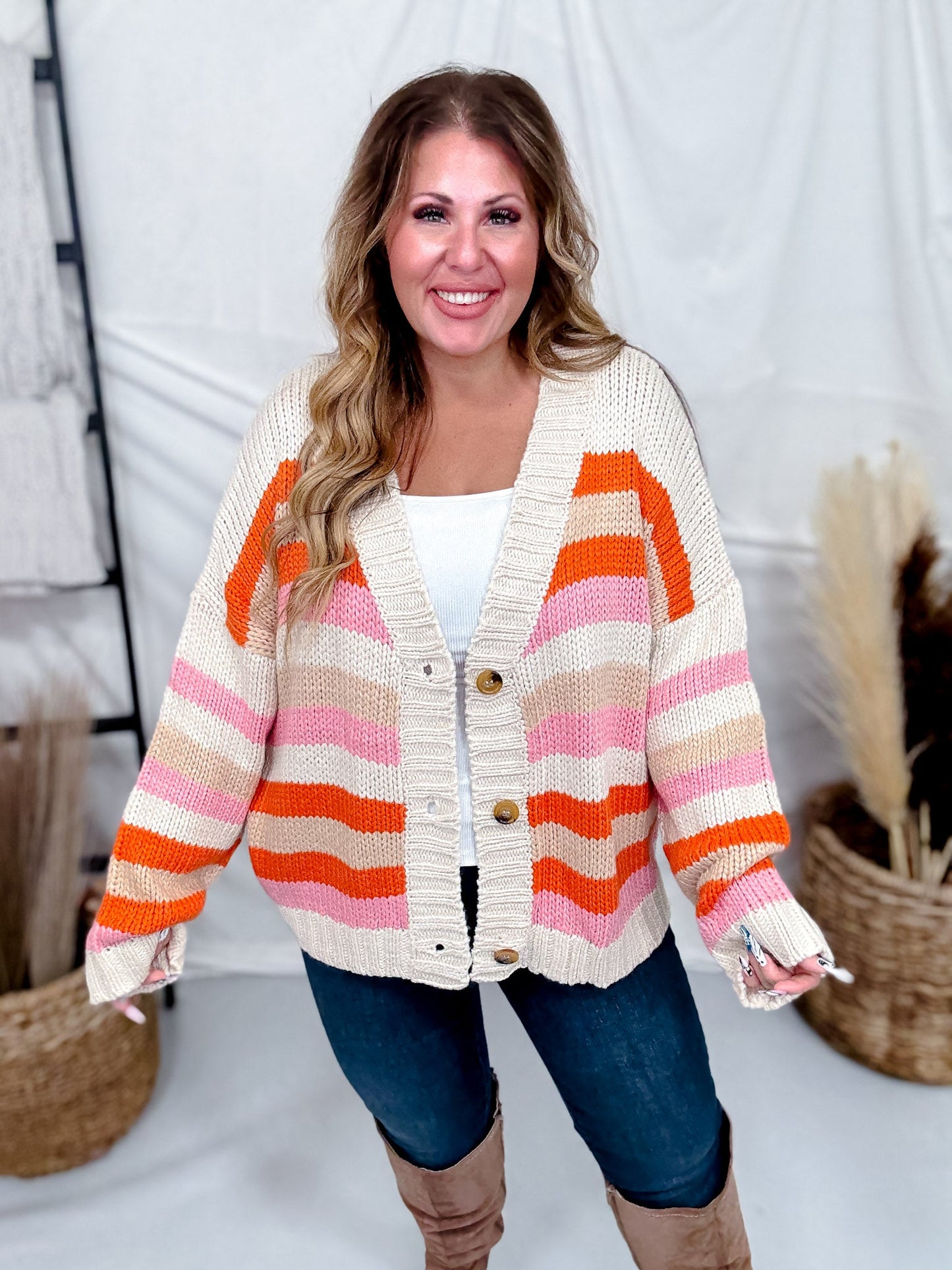 Long Sleeve Knit Striped Button Down Cardigan - Whiskey Skies - HAYDEN