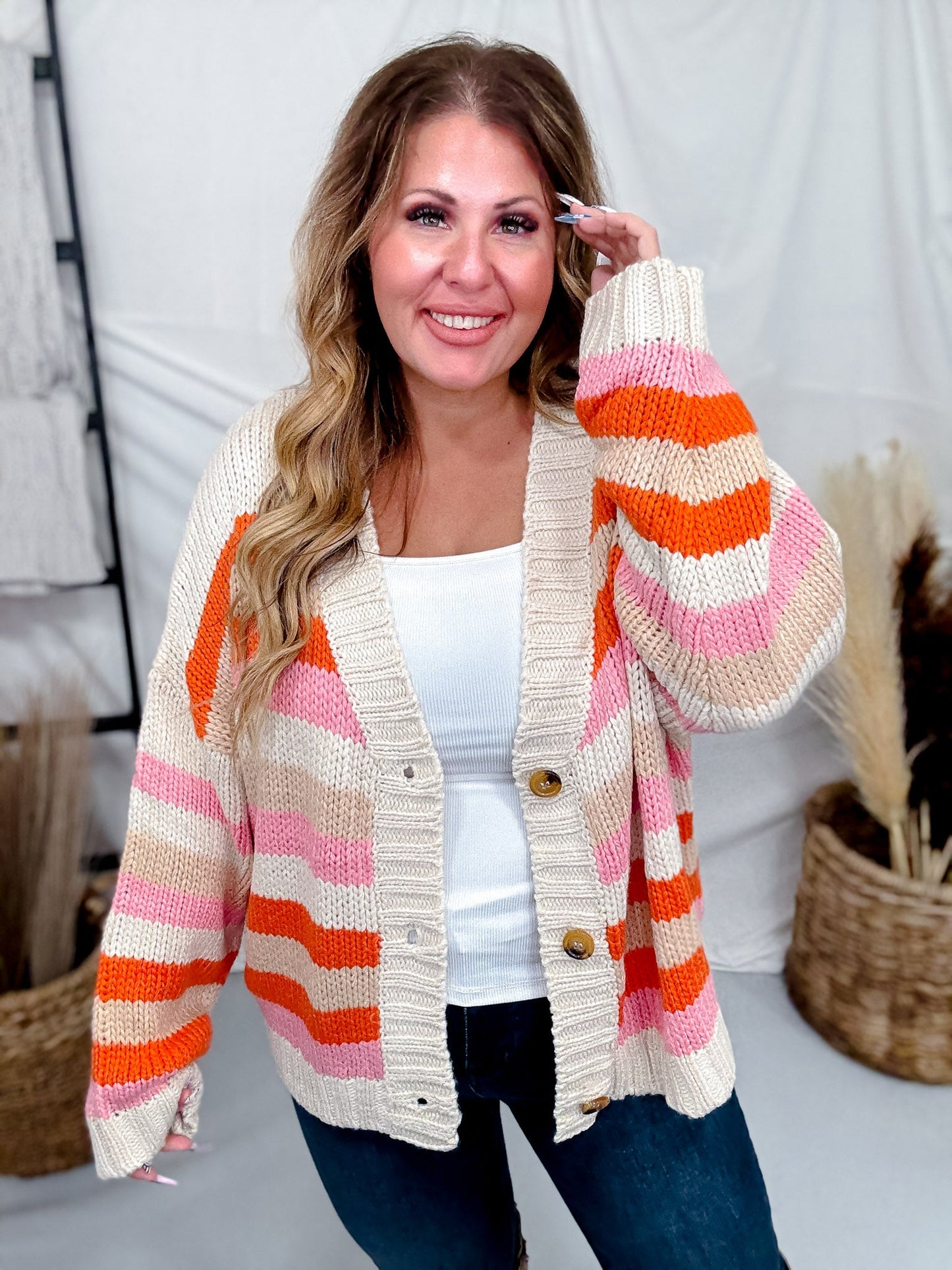 Long Sleeve Knit Striped Button Down Cardigan - Whiskey Skies - HAYDEN