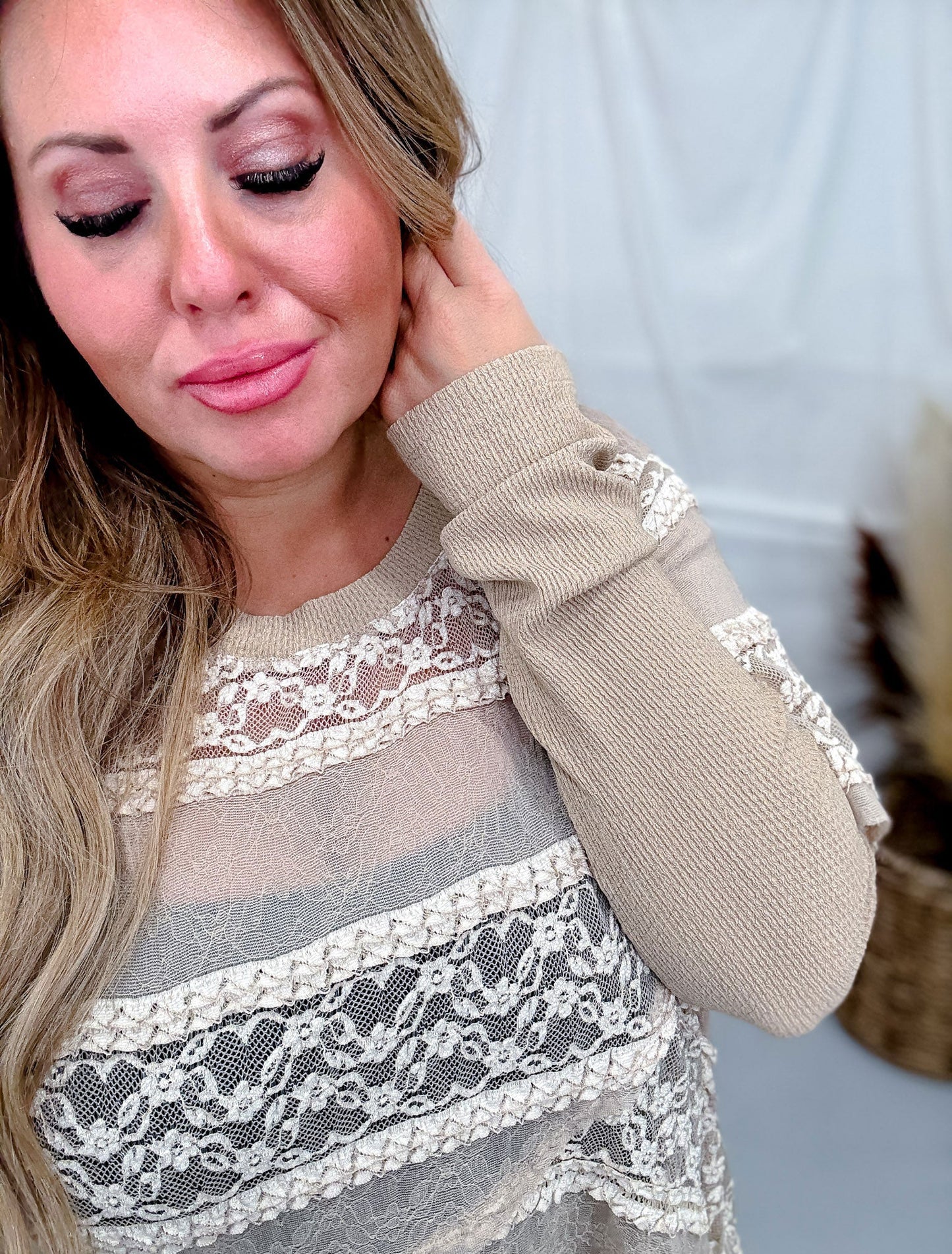 Long Sleeve Layered Top with Lace Panels in Sand - Whiskey Skies - EASEL