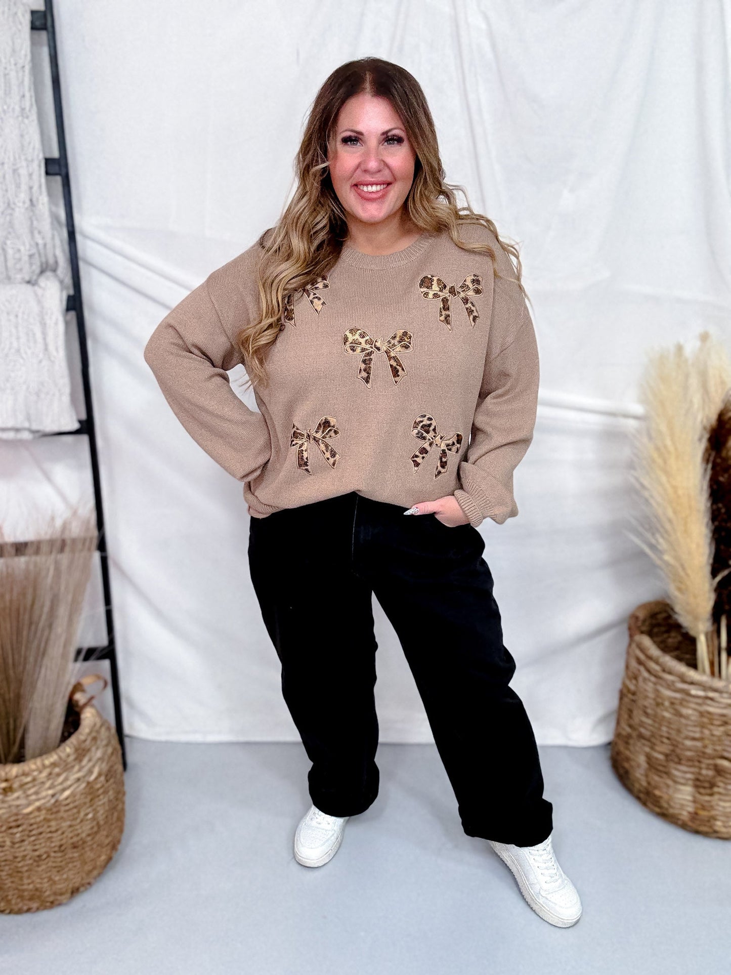Long Sleeve Leopard Bow Applique Knit Sweater - Whiskey Skies - ADORA