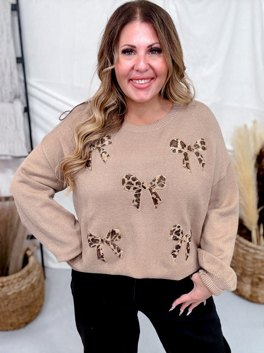 Long Sleeve Leopard Bow Applique Knit Sweater - Whiskey Skies - ADORA