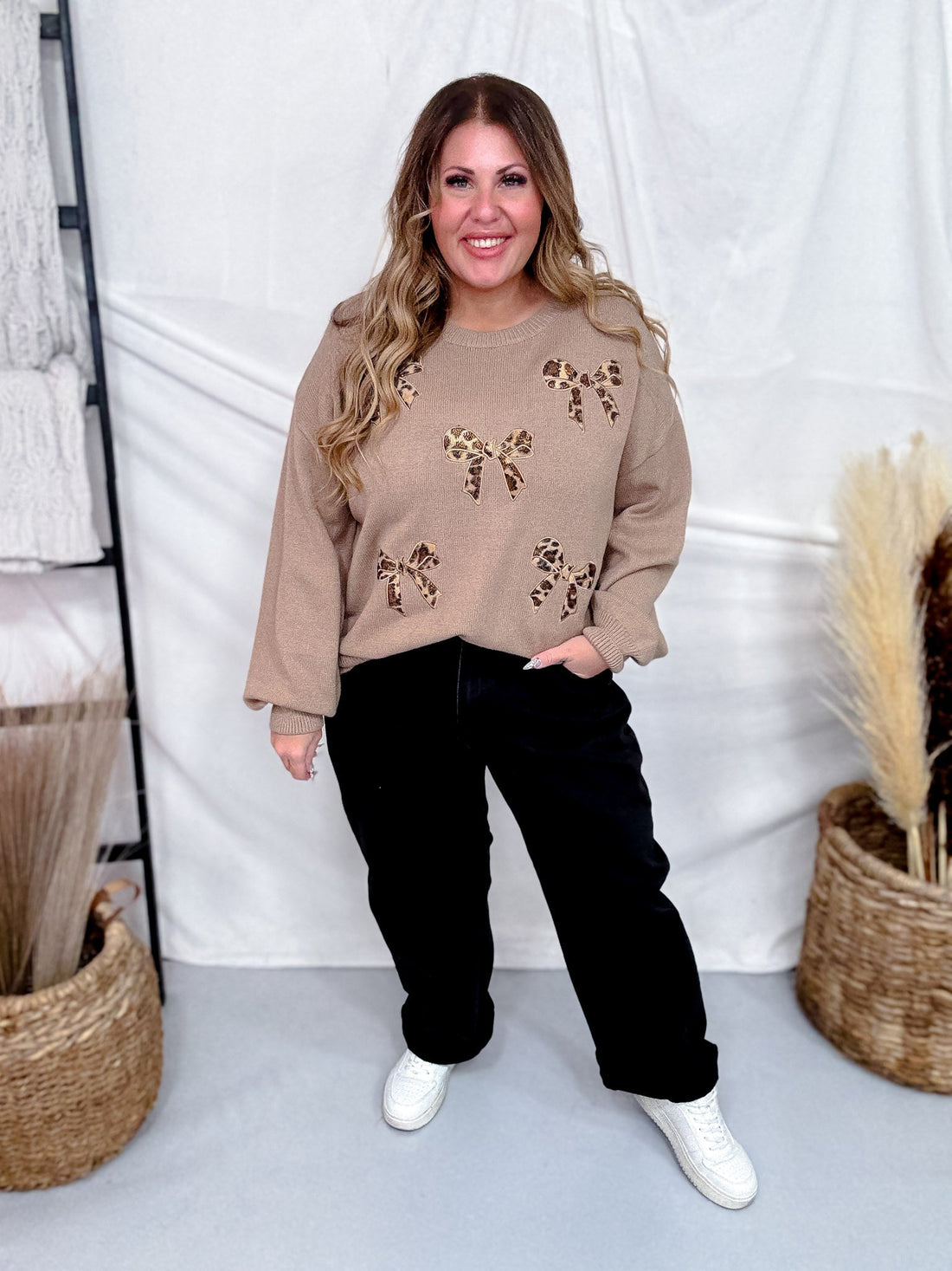 Long Sleeve Leopard Bow Applique Knit Sweater - Whiskey Skies - ADORA