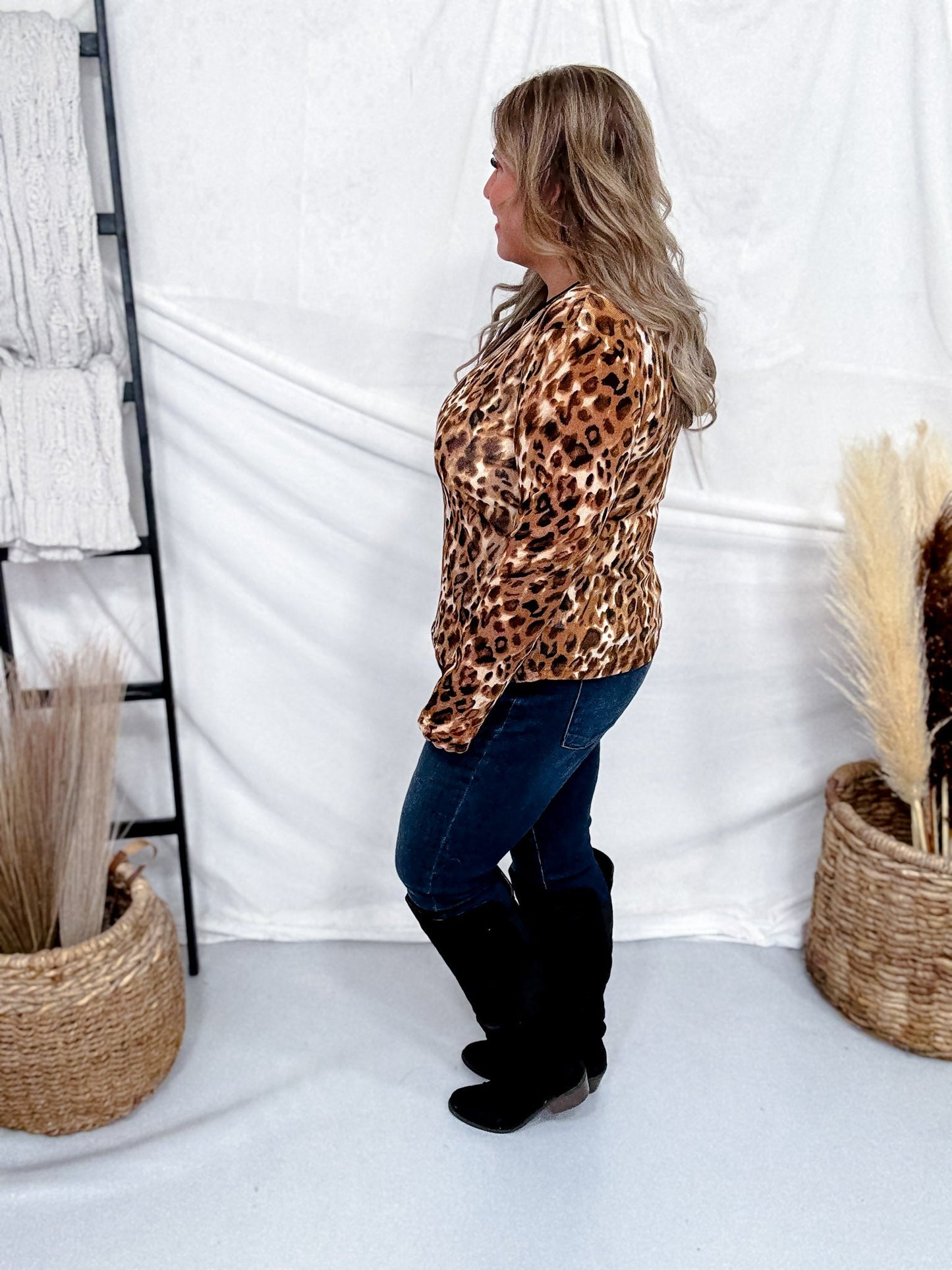Long Sleeve Leopard Print Crew Neck Thick Mesh Top - Whiskey Skies - DAVI & DANI
