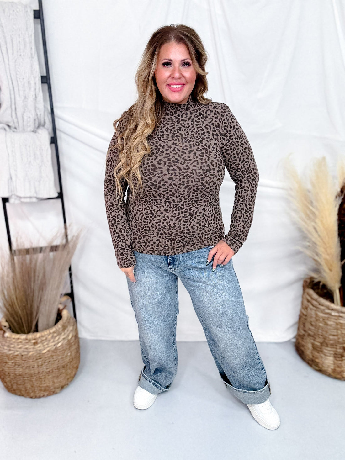 Long Sleeve Leopard Print Knit Top W/ Mock Neck - Whiskey Skies - WHITE BIRCH