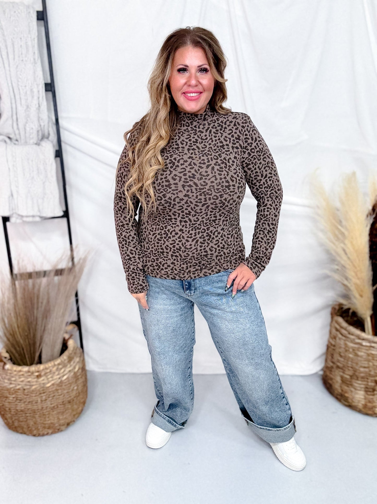 Long Sleeve Leopard Print Knit Top W/ Mock Neck - Whiskey Skies - WHITE BIRCH