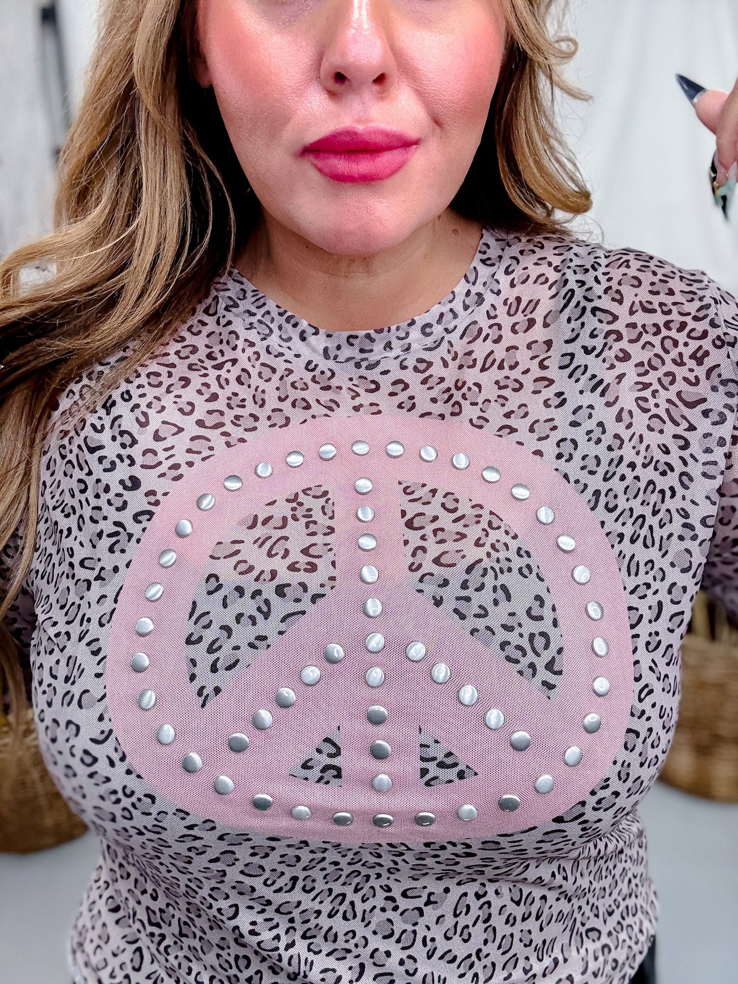 Long Sleeve Leopard Printed Mesh Peace Sign Print Top W/ Studding - Whiskey Skies - DAVI & DANI