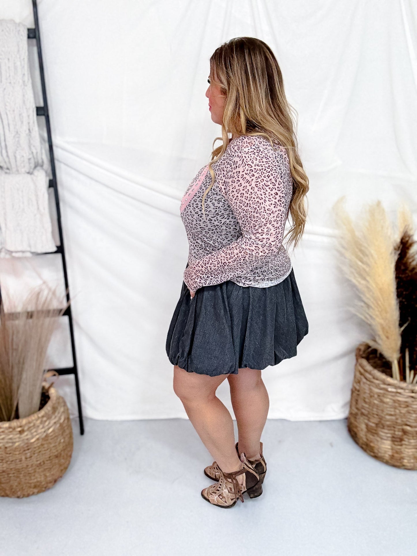 Long Sleeve Leopard Printed Mesh Peace Sign Print Top W/ Studding - Whiskey Skies - DAVI & DANI