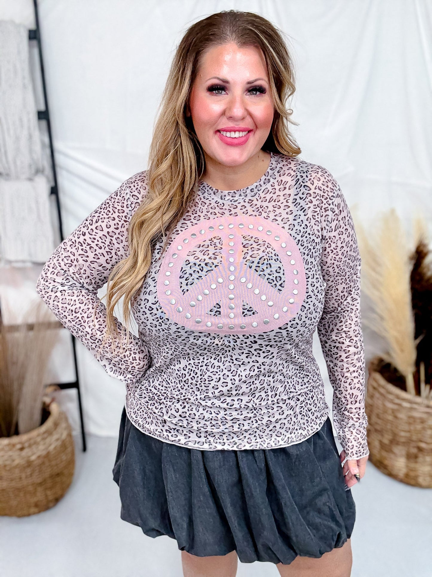 Long Sleeve Leopard Printed Mesh Peace Sign Print Top W/ Studding - Whiskey Skies - DAVI & DANI