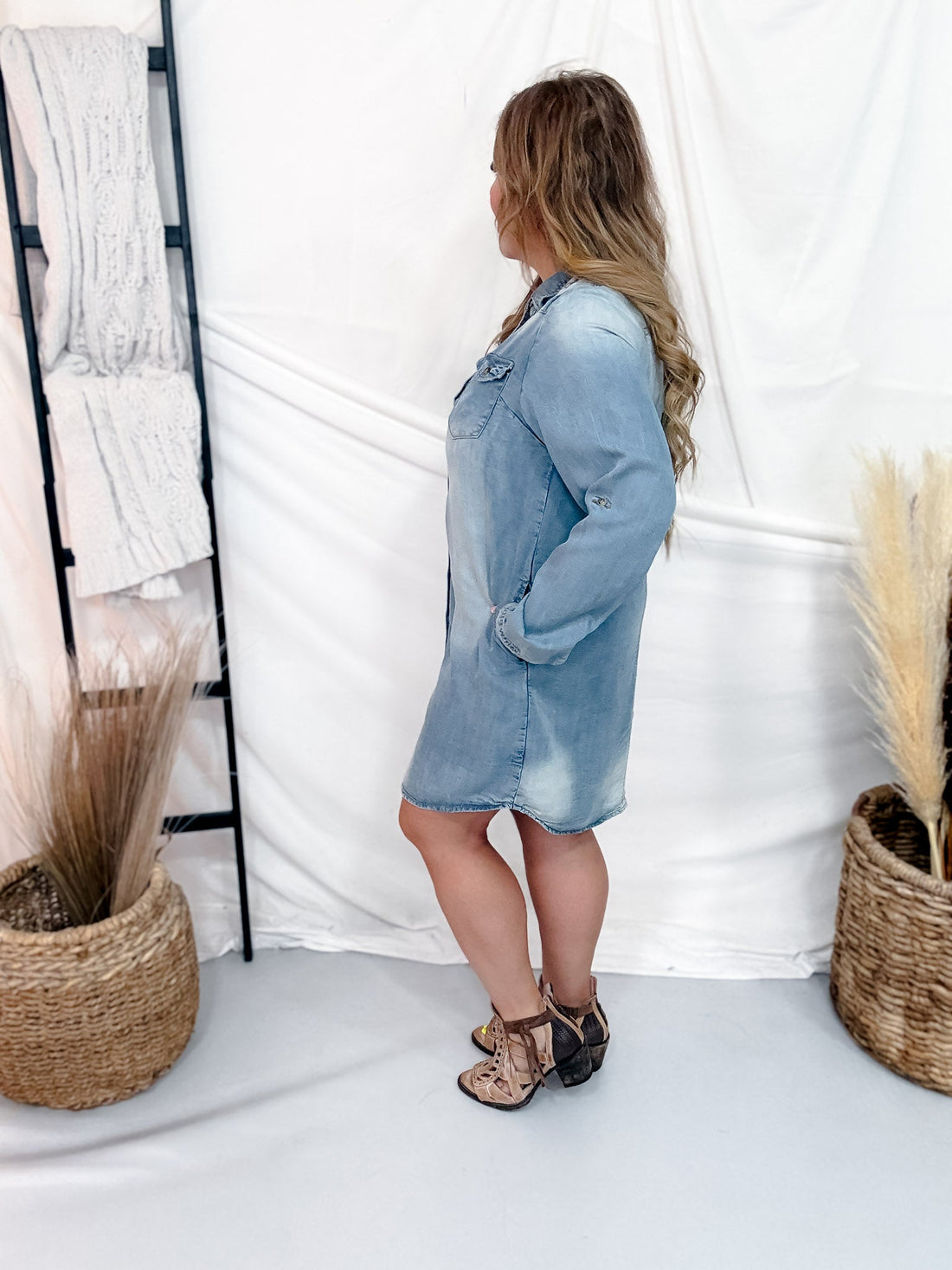 Long Sleeve Light Denim Button Front Shirt Dress - Whiskey Skies - HEIMISH