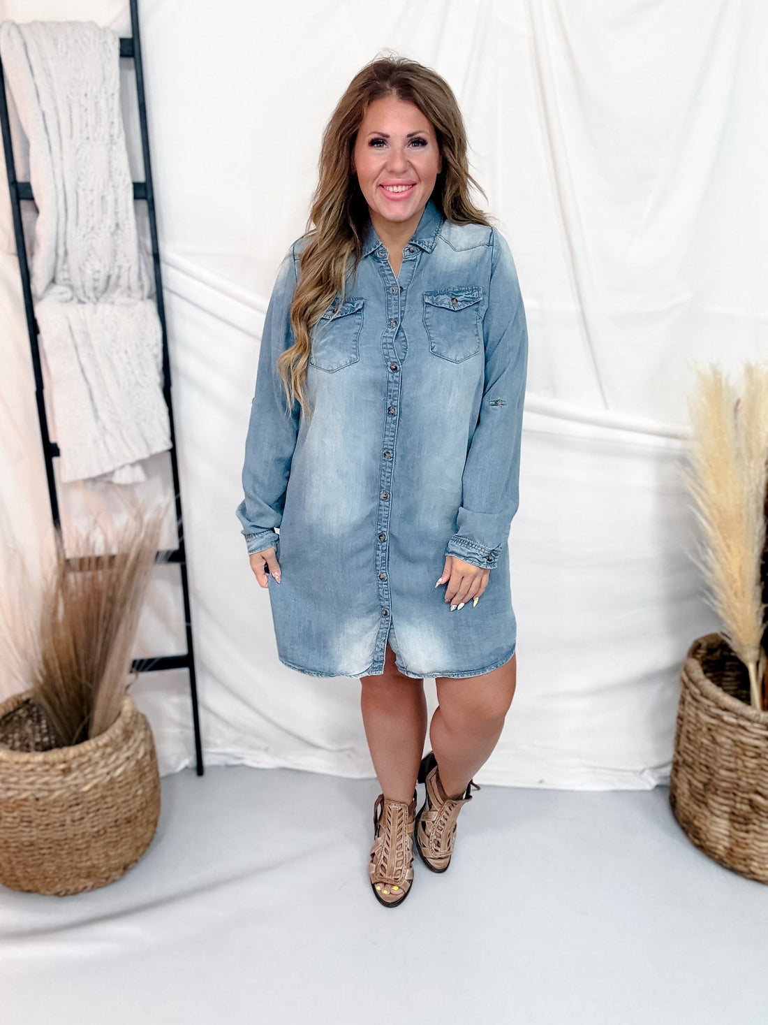 Long Sleeve Light Denim Button Front Shirt Dress - Whiskey Skies - HEIMISH