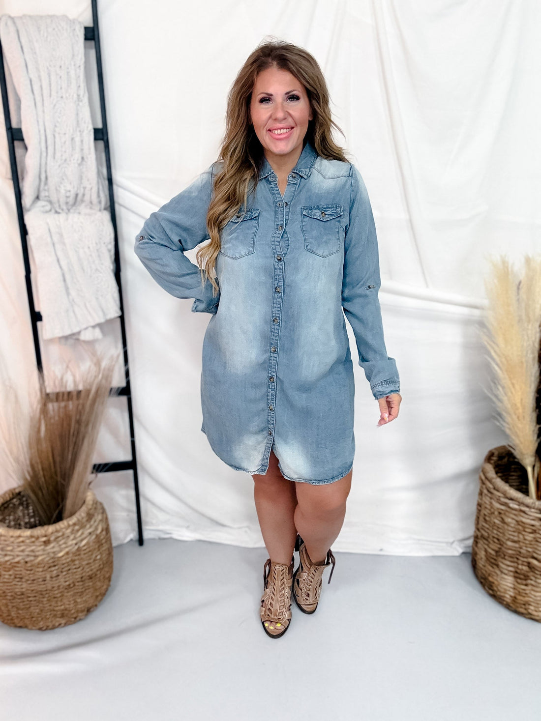 Long Sleeve Light Denim Button Front Shirt Dress - Whiskey Skies - HEIMISH