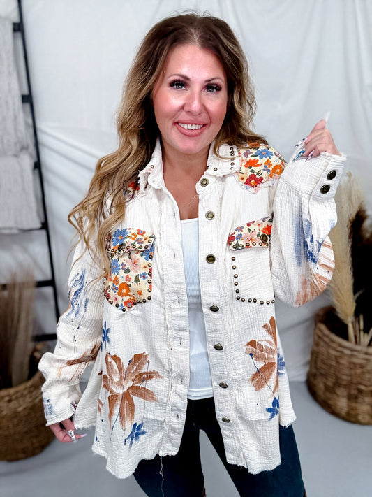 Long Sleeve Lightweight Shacket W/ Stud Embellishments - Whiskey Skies - POL CLOTHING INC.