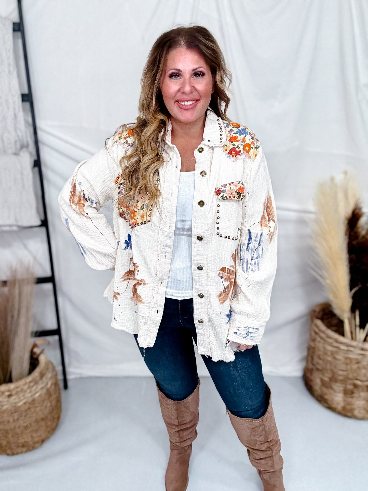 Long Sleeve Lightweight Shacket W/ Stud Embellishments - Whiskey Skies - POL CLOTHING INC.