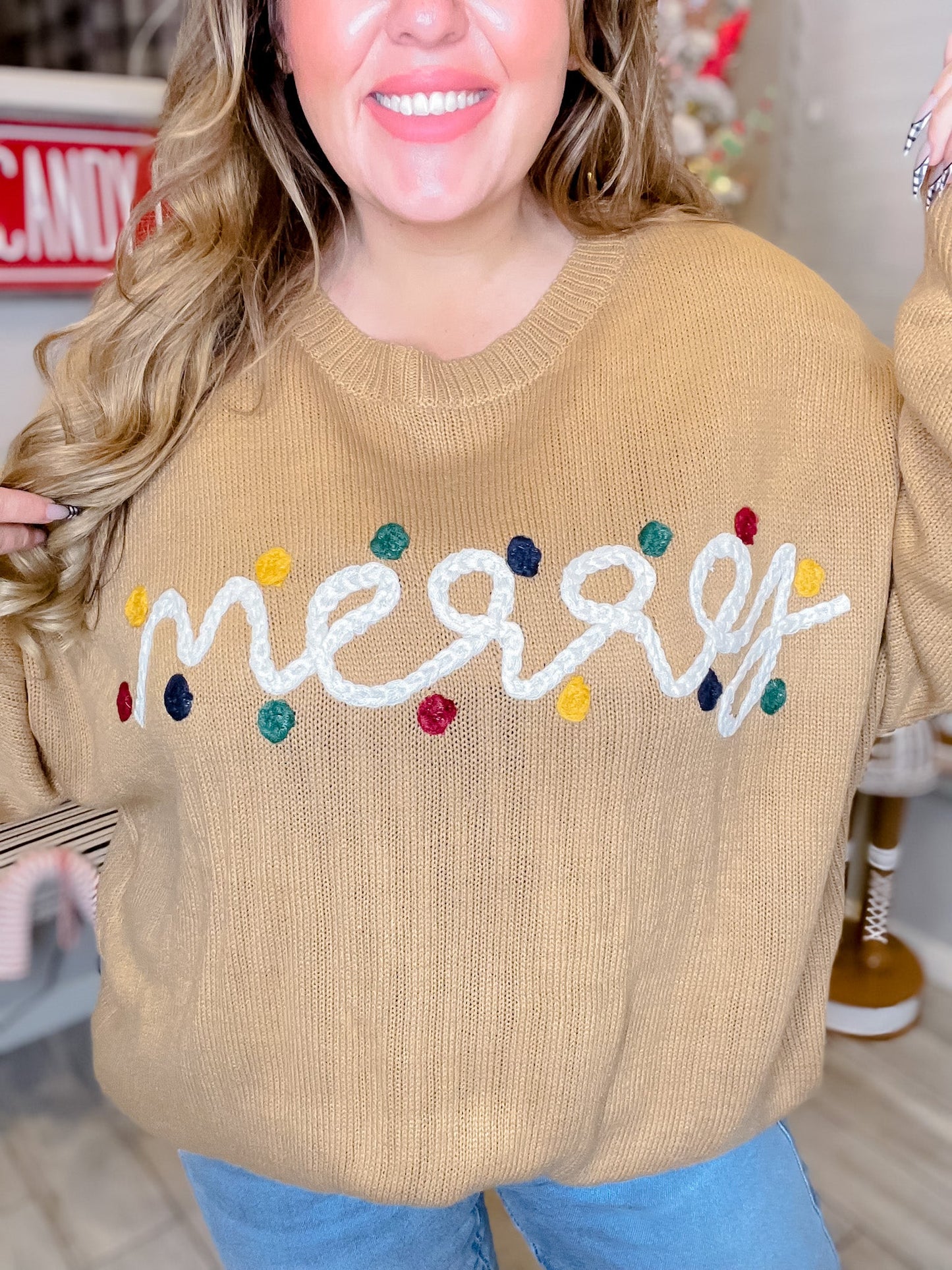 Long Sleeve "Merry" Christmas Sweater - Whiskey Skies - GILLI