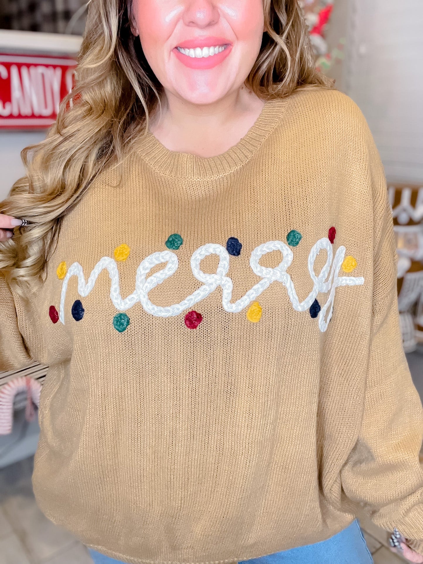 Long Sleeve "Merry" Christmas Sweater - Whiskey Skies - GILLI