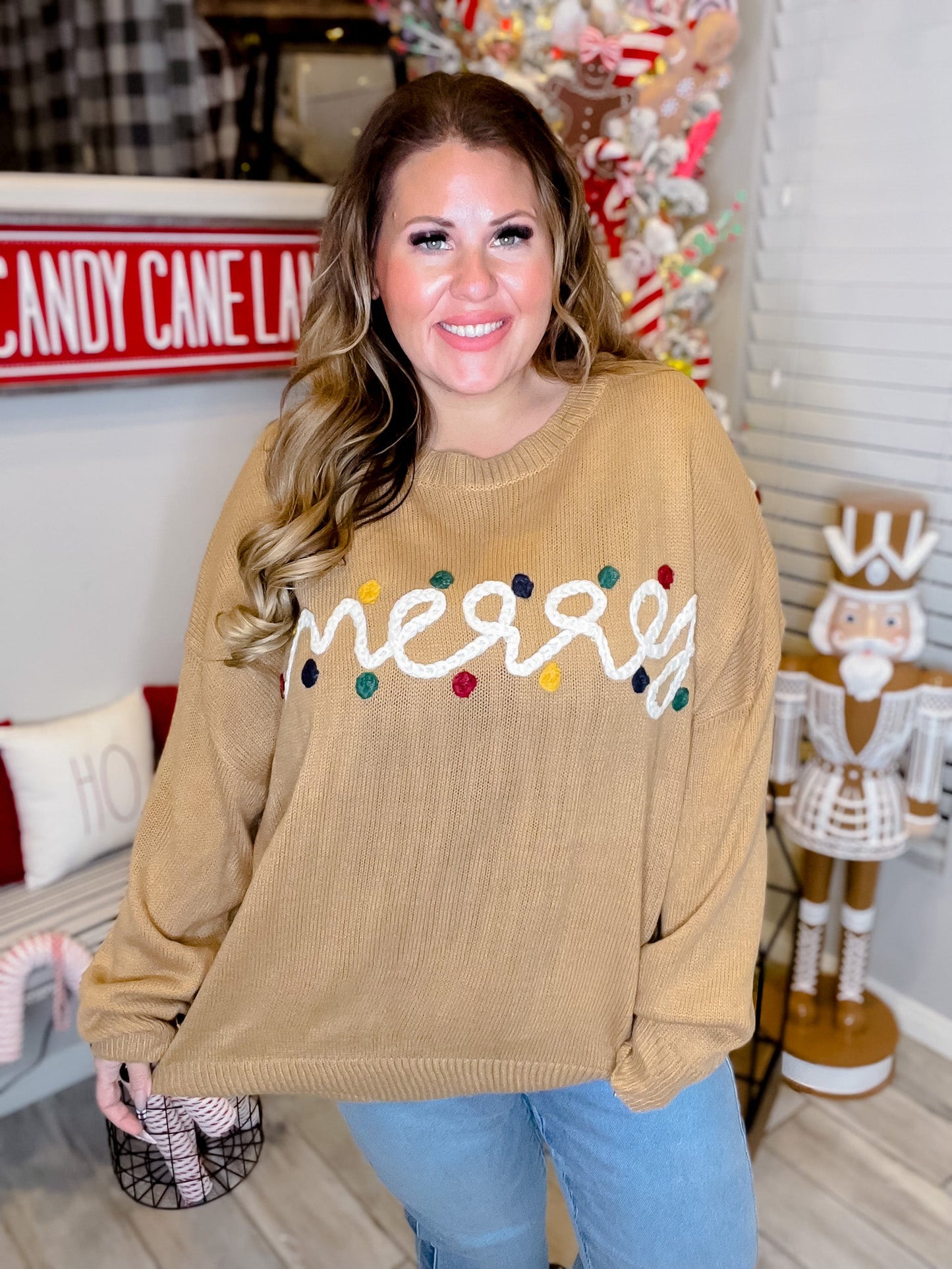 Long Sleeve "Merry" Christmas Sweater - Whiskey Skies - GILLI