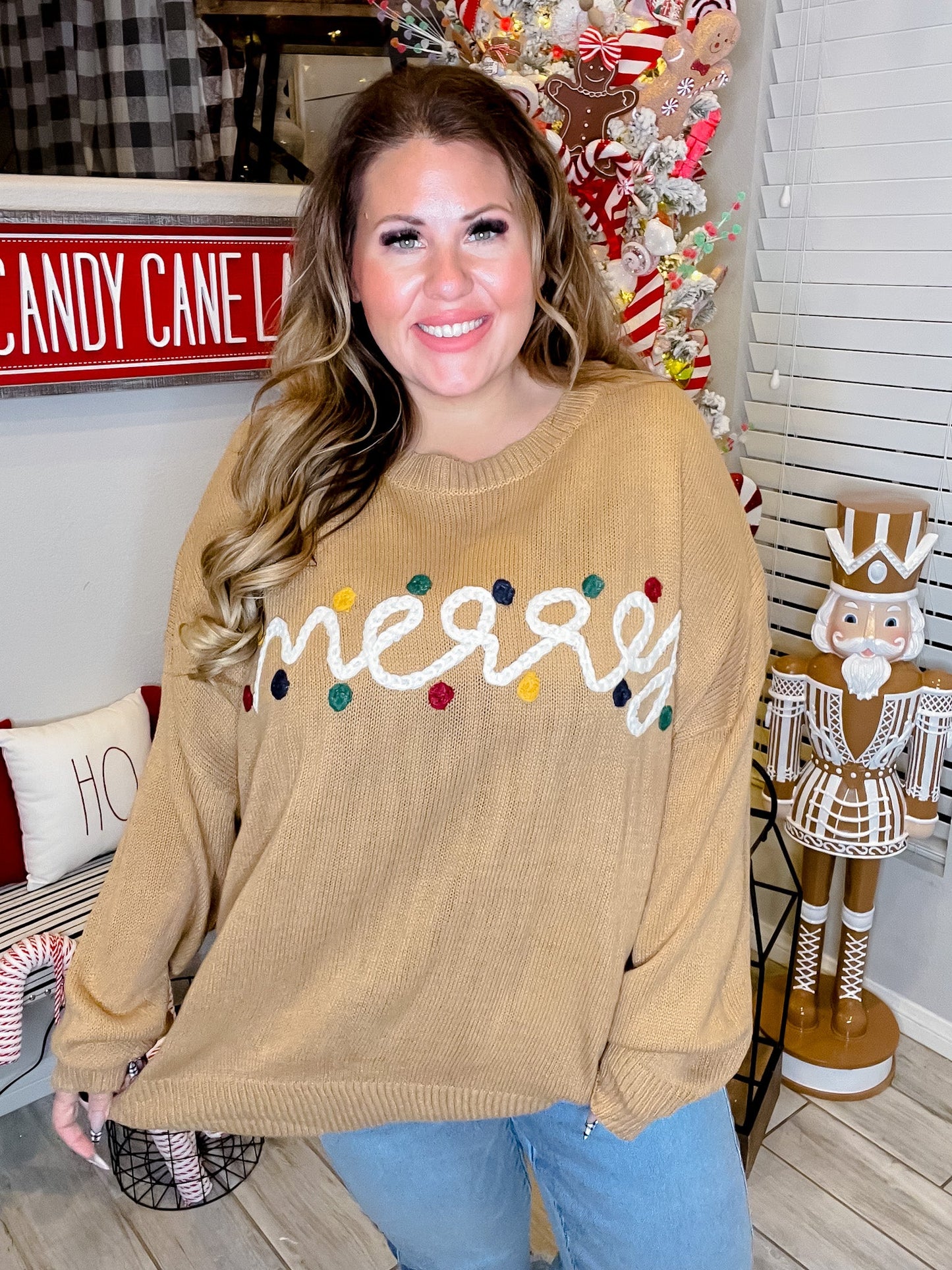 Long Sleeve "Merry" Christmas Sweater - Whiskey Skies - GILLI