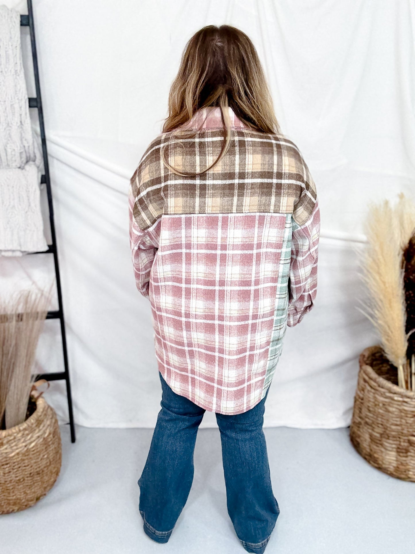 Long Sleeve Mixed Print Plaid Knit Shacket - Whiskey Skies - WHITE BIRCH