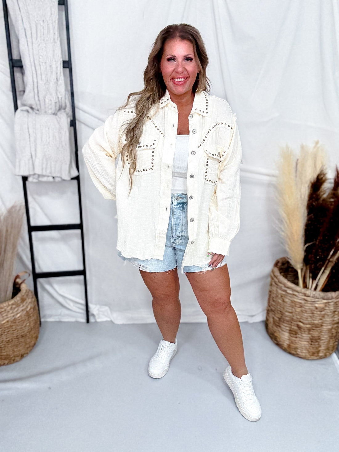 Long Sleeve Natural Button Down Top W/ Studding Details - Whiskey Skies - POL CLOTHING INC.