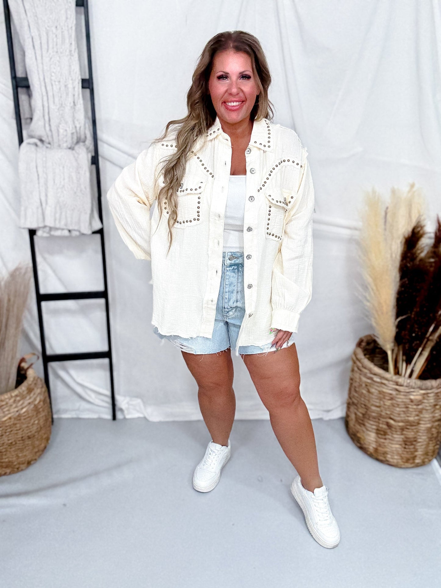 Long Sleeve Natural Button Down Top W/ Studding Details - Whiskey Skies - POL CLOTHING INC.