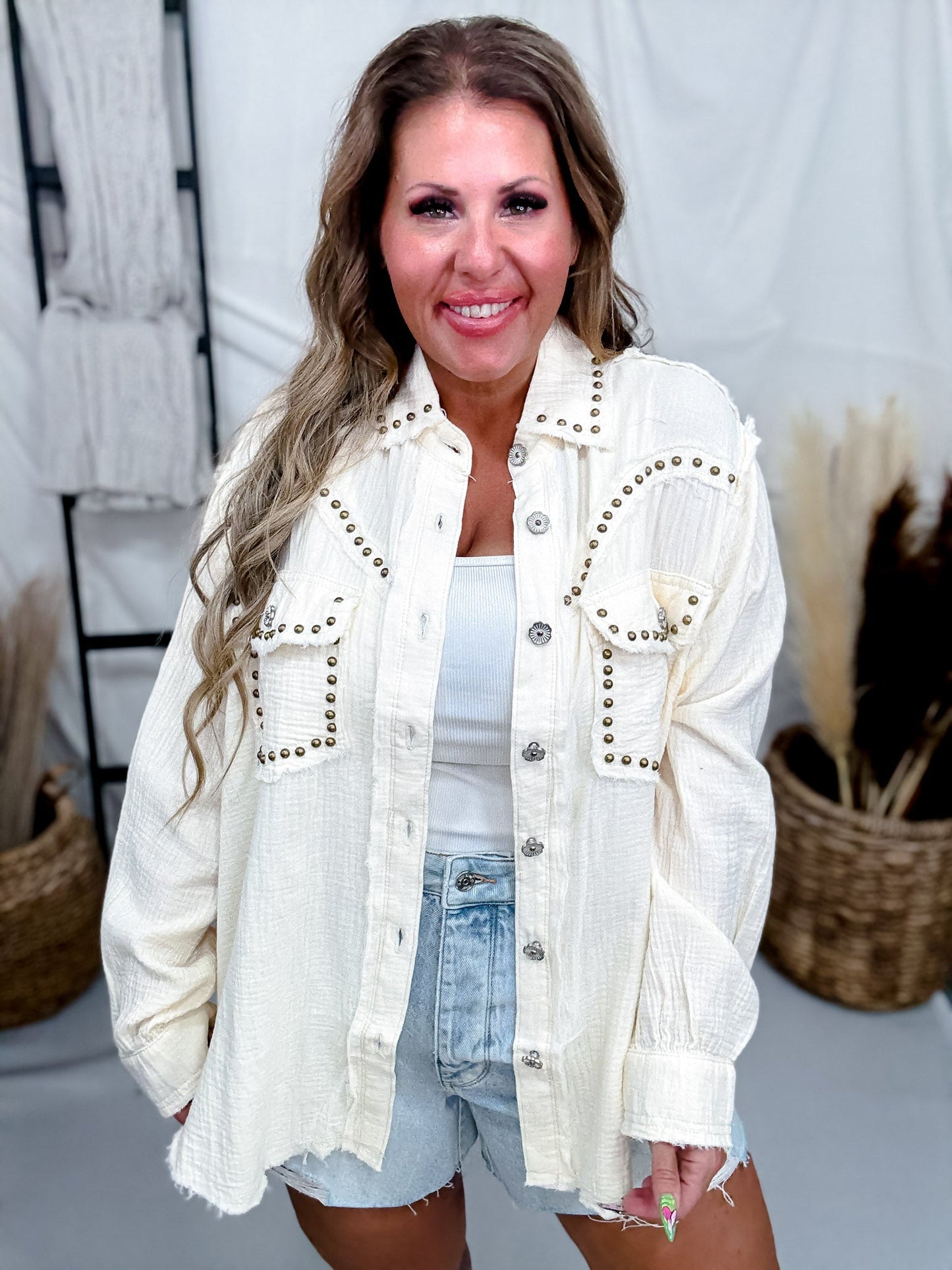 Long Sleeve Natural Button Down Top W/ Studding Details - Whiskey Skies - POL CLOTHING INC.