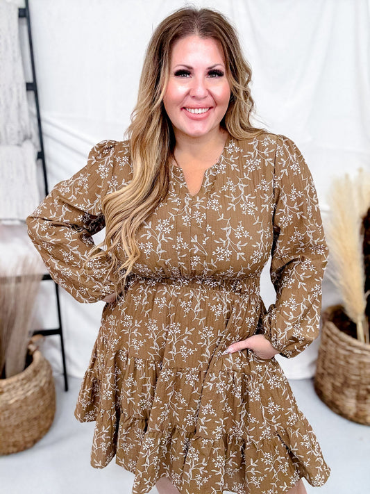 Long Sleeve Notch Detail Long Sleeve Floral Embroidered Dress - Whiskey Skies - HAYDEN