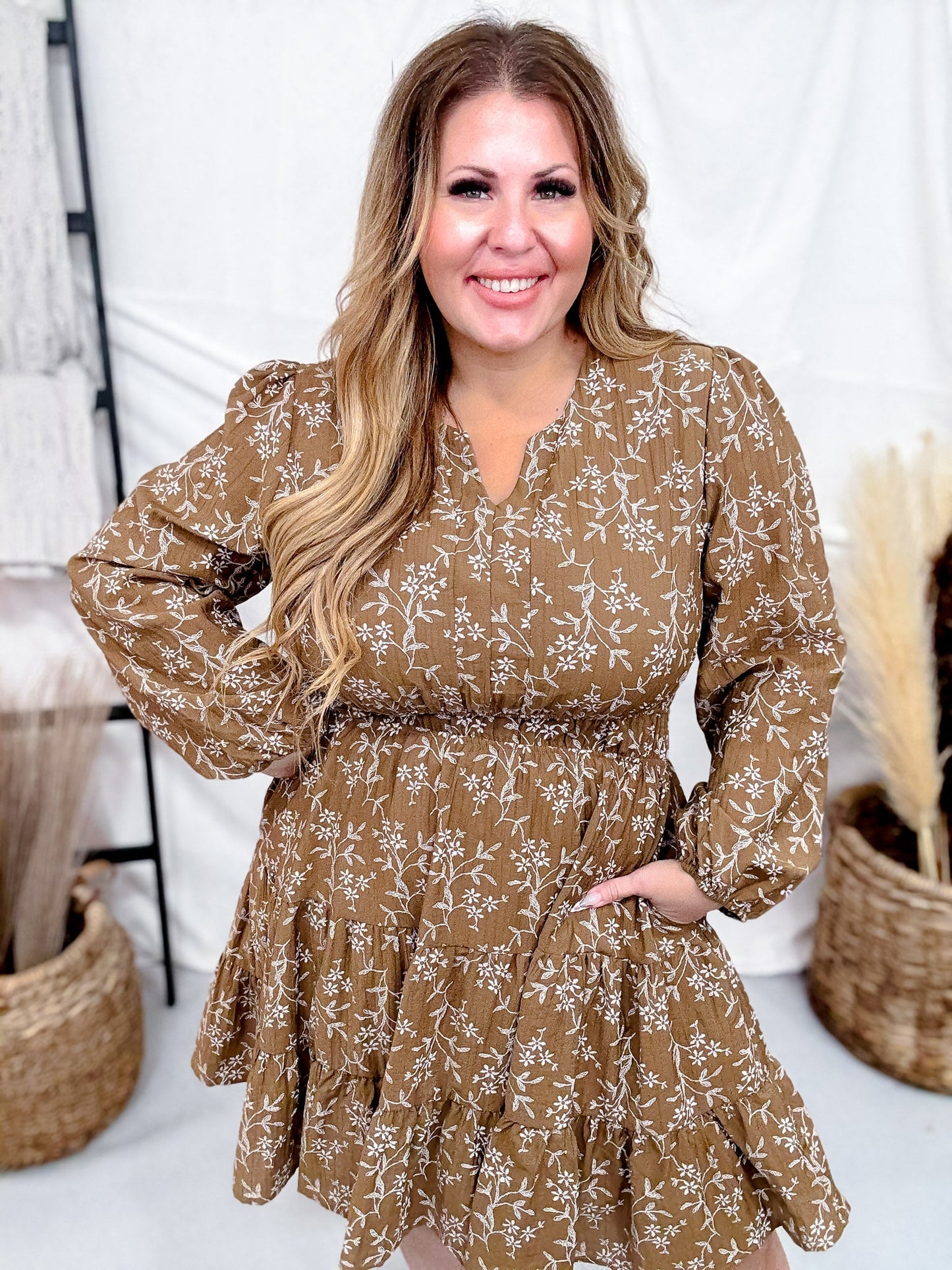 Long Sleeve Notch Detail Long Sleeve Floral Embroidered Dress - Whiskey Skies - HAYDEN