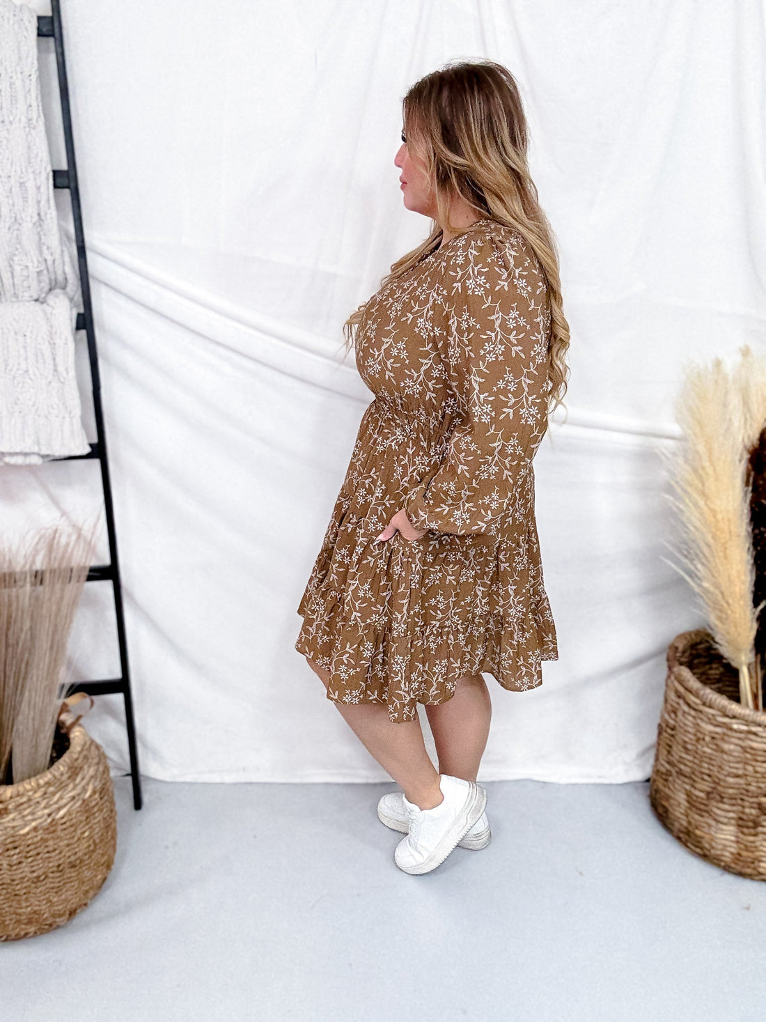 Long Sleeve Notch Detail Long Sleeve Floral Embroidered Dress - Whiskey Skies - HAYDEN