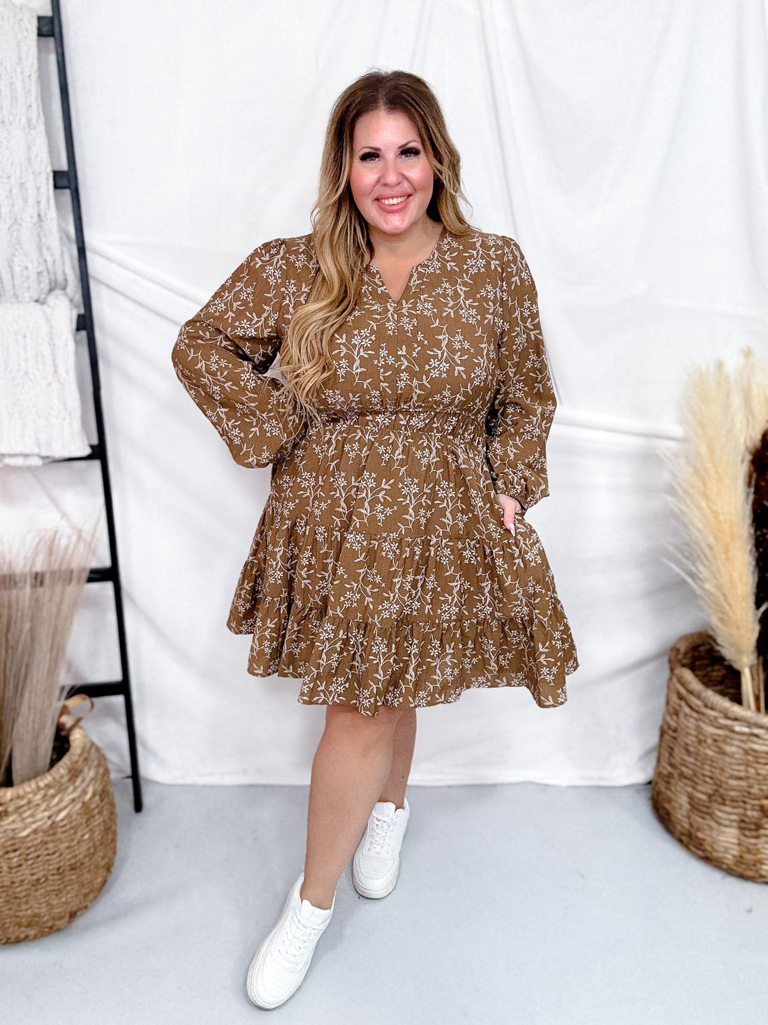 Long Sleeve Notch Detail Long Sleeve Floral Embroidered Dress - Whiskey Skies - HAYDEN