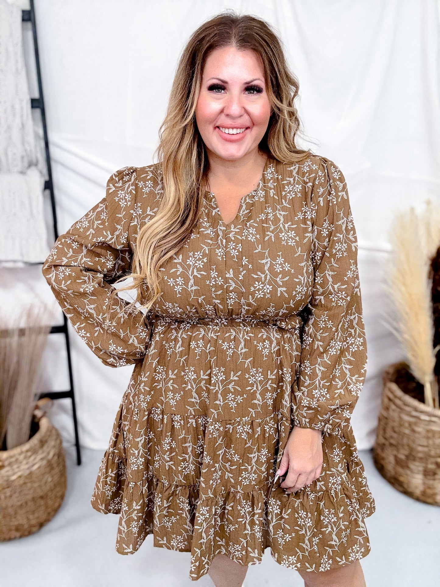 Long Sleeve Notch Detail Long Sleeve Floral Embroidered Dress - Whiskey Skies - HAYDEN