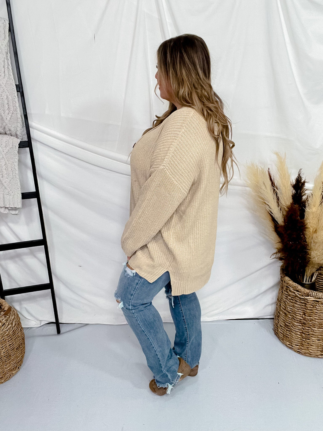 Long Sleeve Oatmeal V - Neck Sweater - Whiskey Skies - WHITE BIRCH