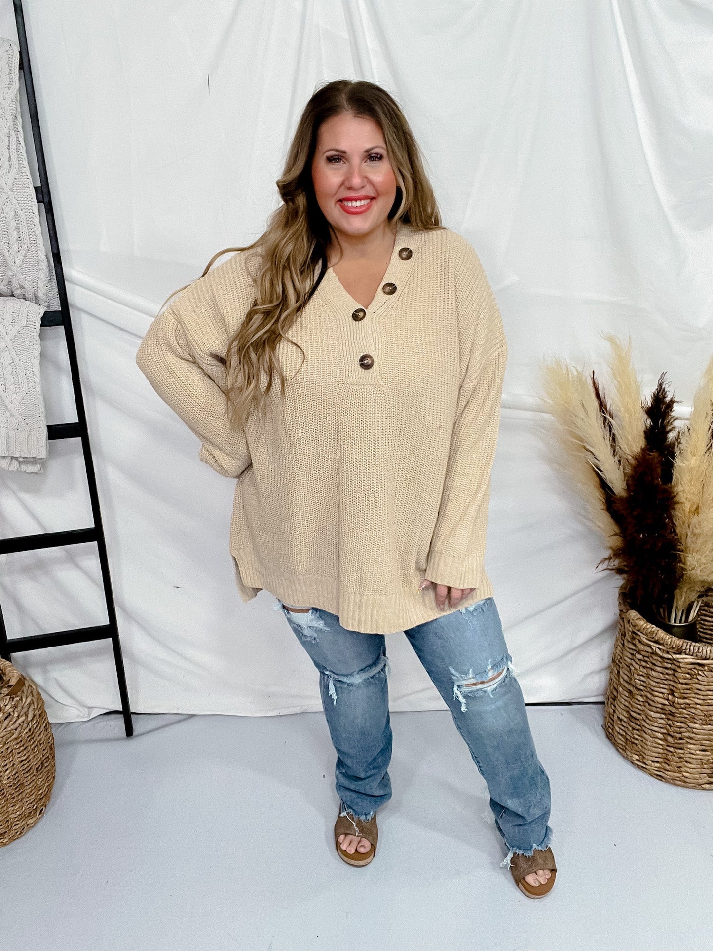 Long Sleeve Oatmeal V - Neck Sweater - Whiskey Skies - WHITE BIRCH