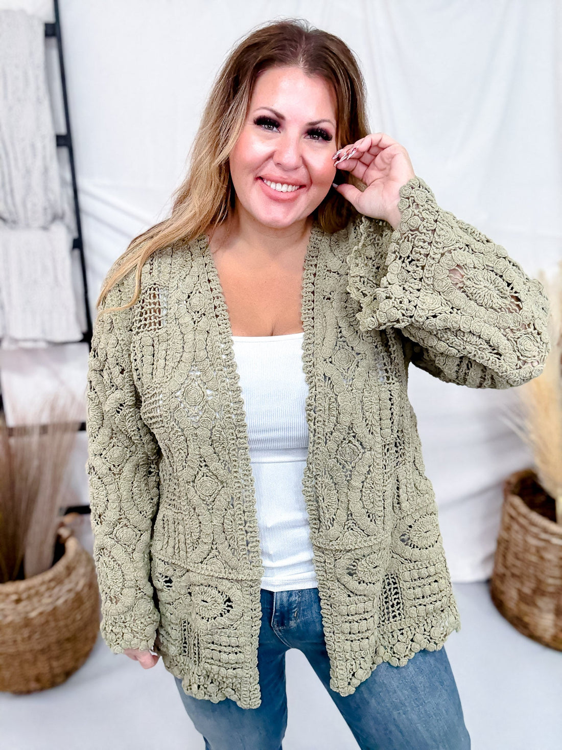 Long Sleeve Olive Green Crochet Open Cardigan - Whiskey Skies - POL CLOTHING INC.
