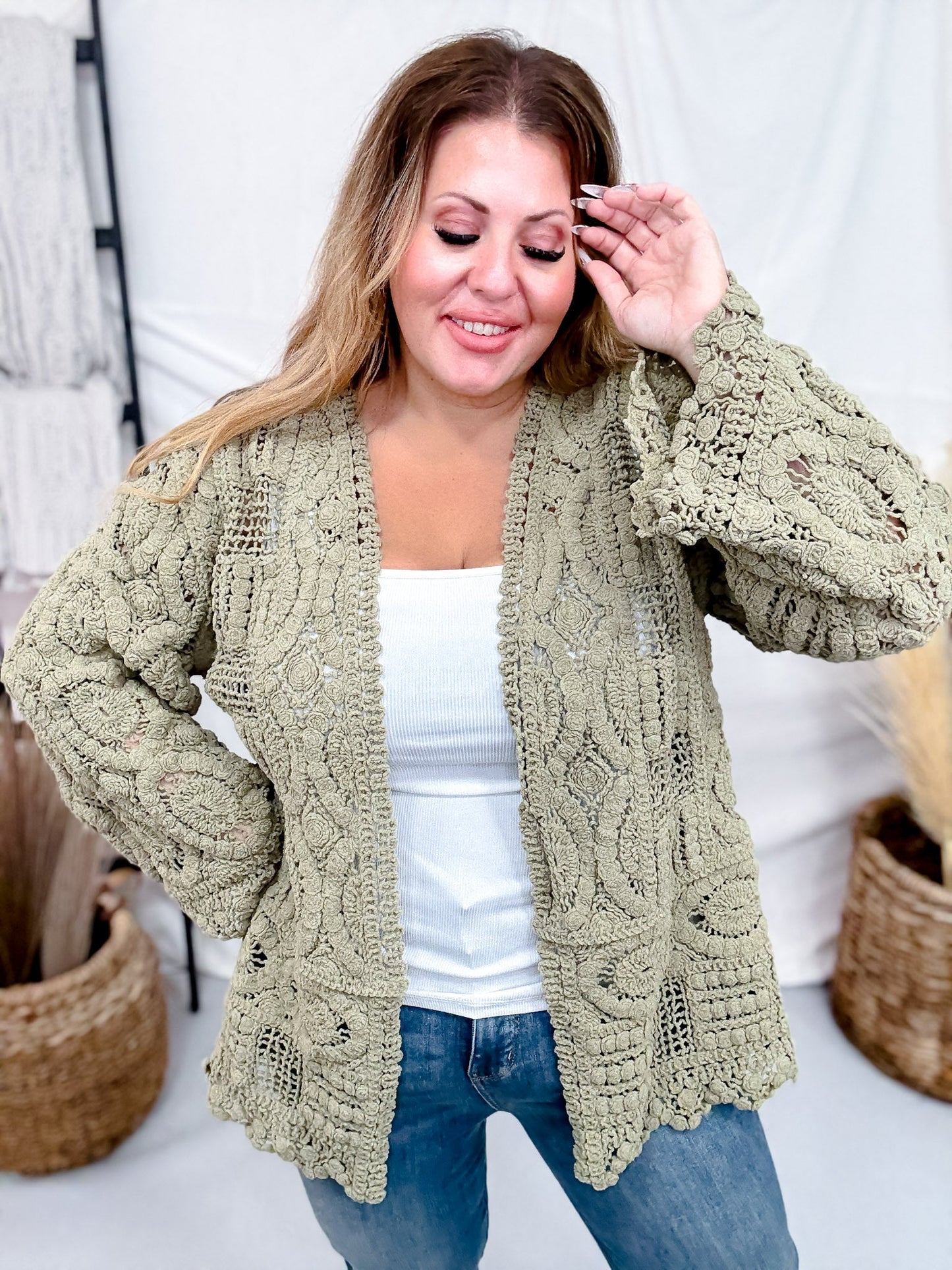Long Sleeve Olive Green Crochet Open Cardigan - Whiskey Skies - POL CLOTHING INC.