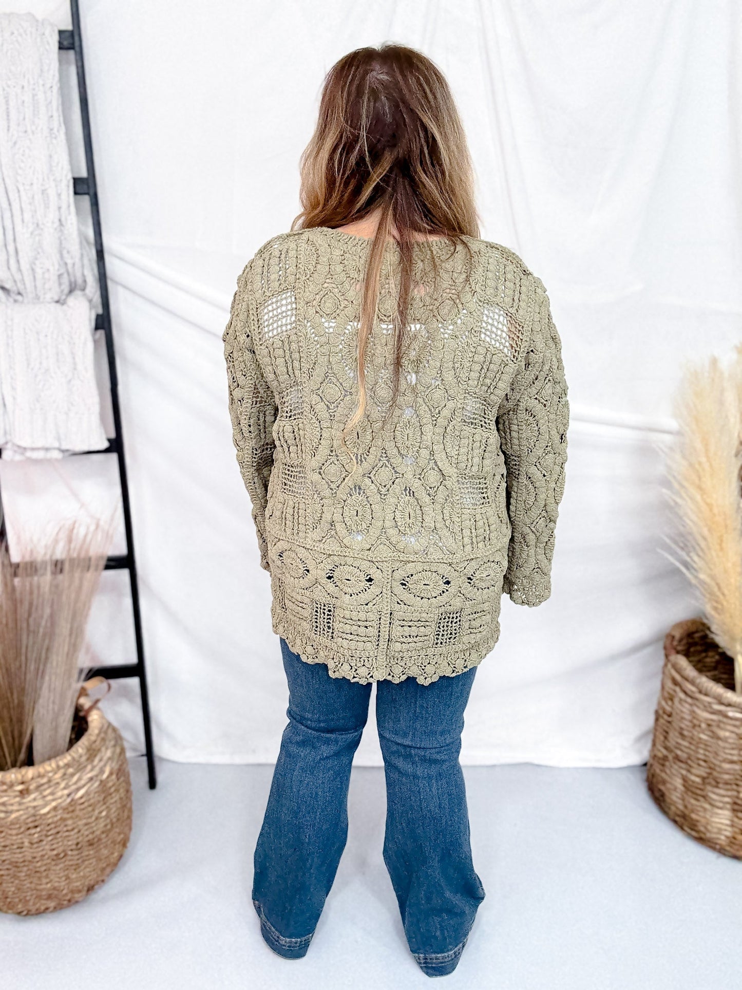Long Sleeve Olive Green Crochet Open Cardigan - Whiskey Skies - POL CLOTHING INC.