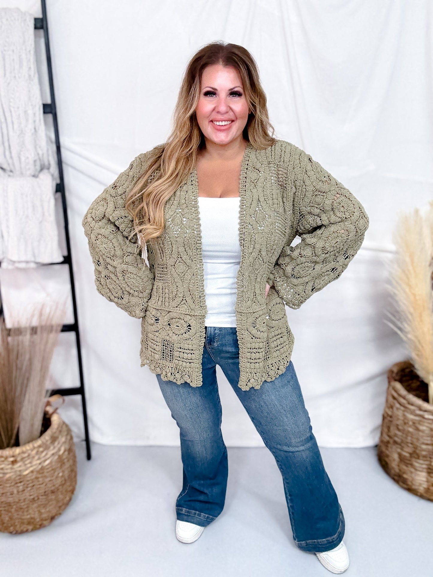 Long Sleeve Olive Green Crochet Open Cardigan - Whiskey Skies - POL CLOTHING INC.
