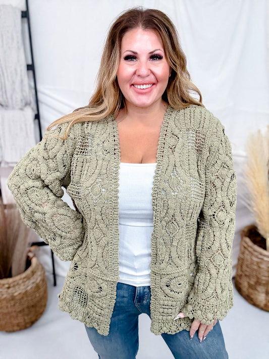 Long Sleeve Olive Green Crochet Open Cardigan - Whiskey Skies - POL CLOTHING INC.