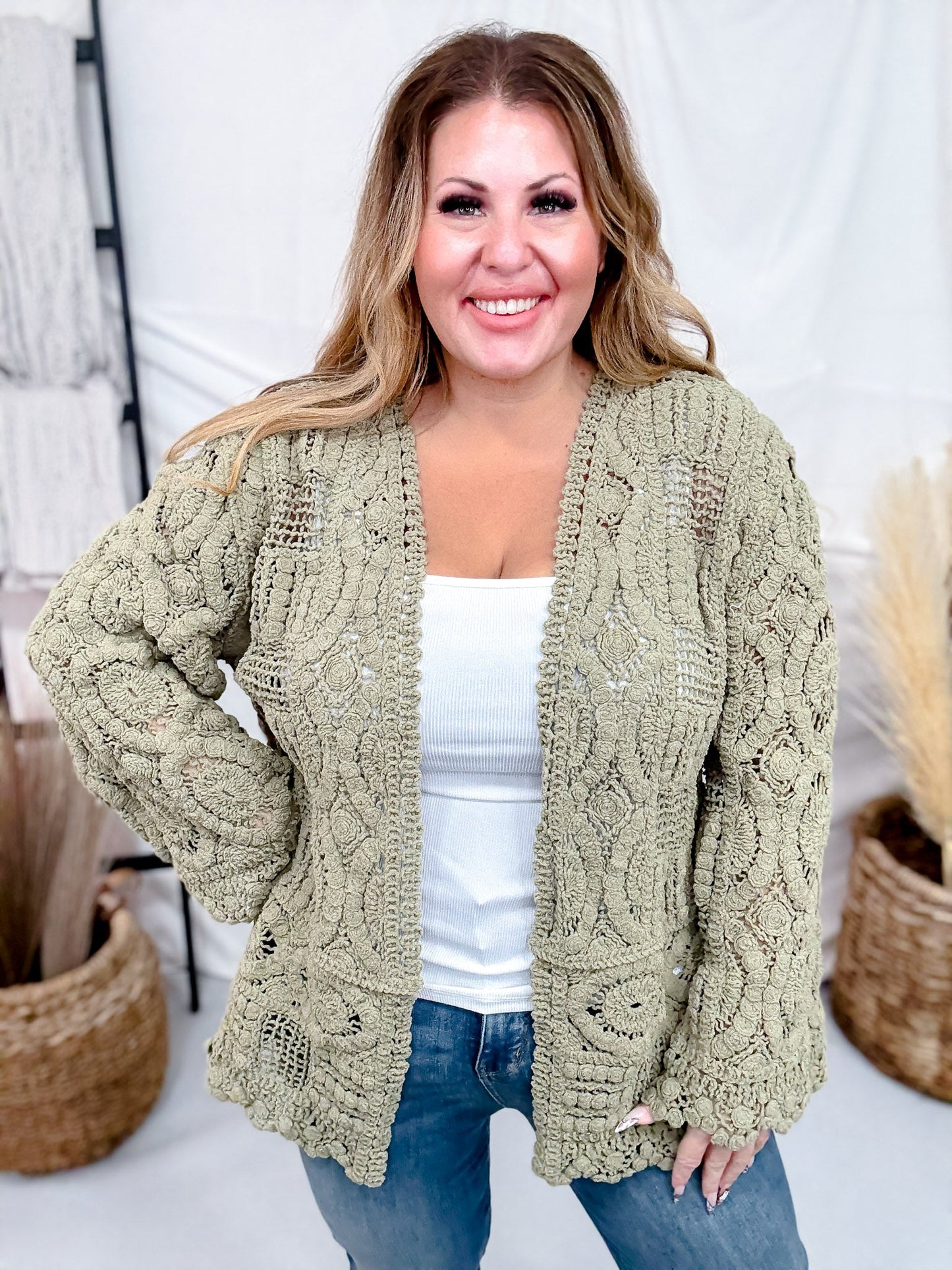 Long Sleeve Olive Green Crochet Open Cardigan - Whiskey Skies - POL CLOTHING INC.